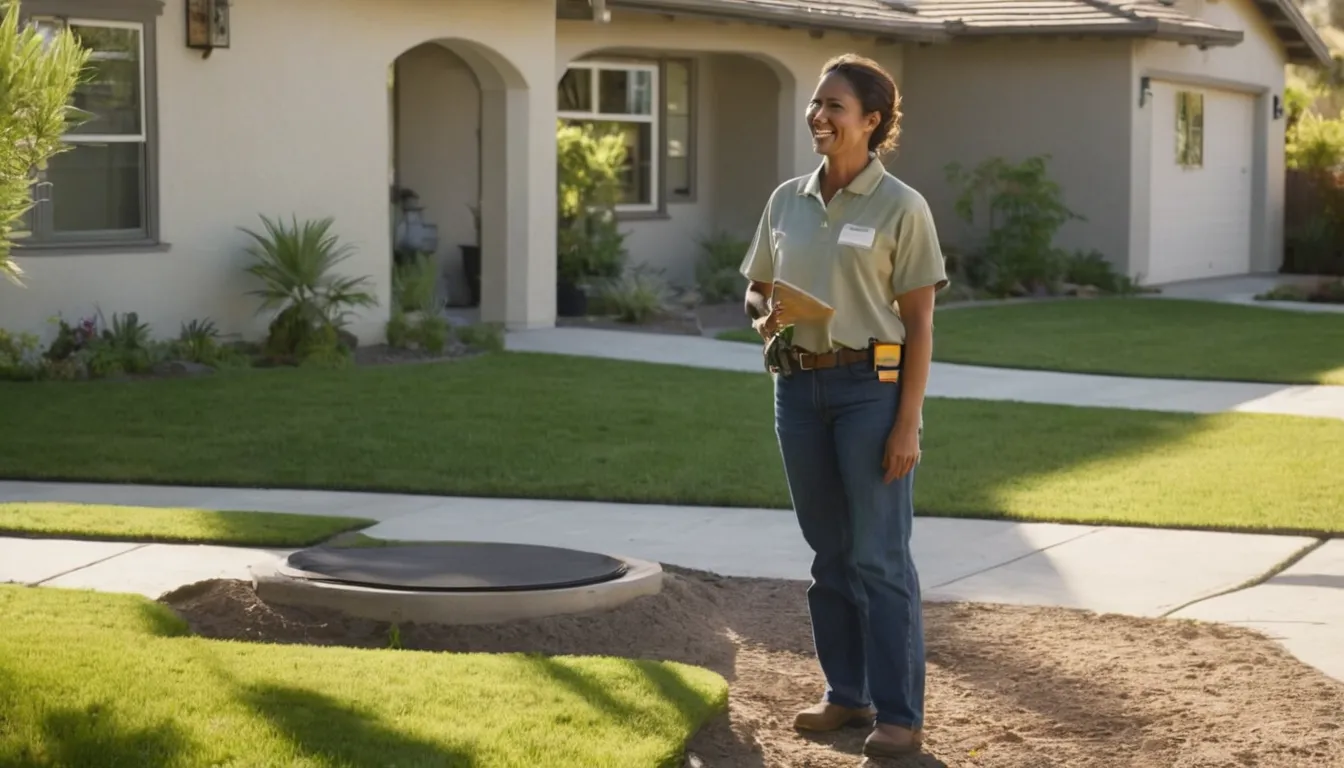 A friendly provider talking with a homeowner beside a septic tank access lid in a San Jose yard