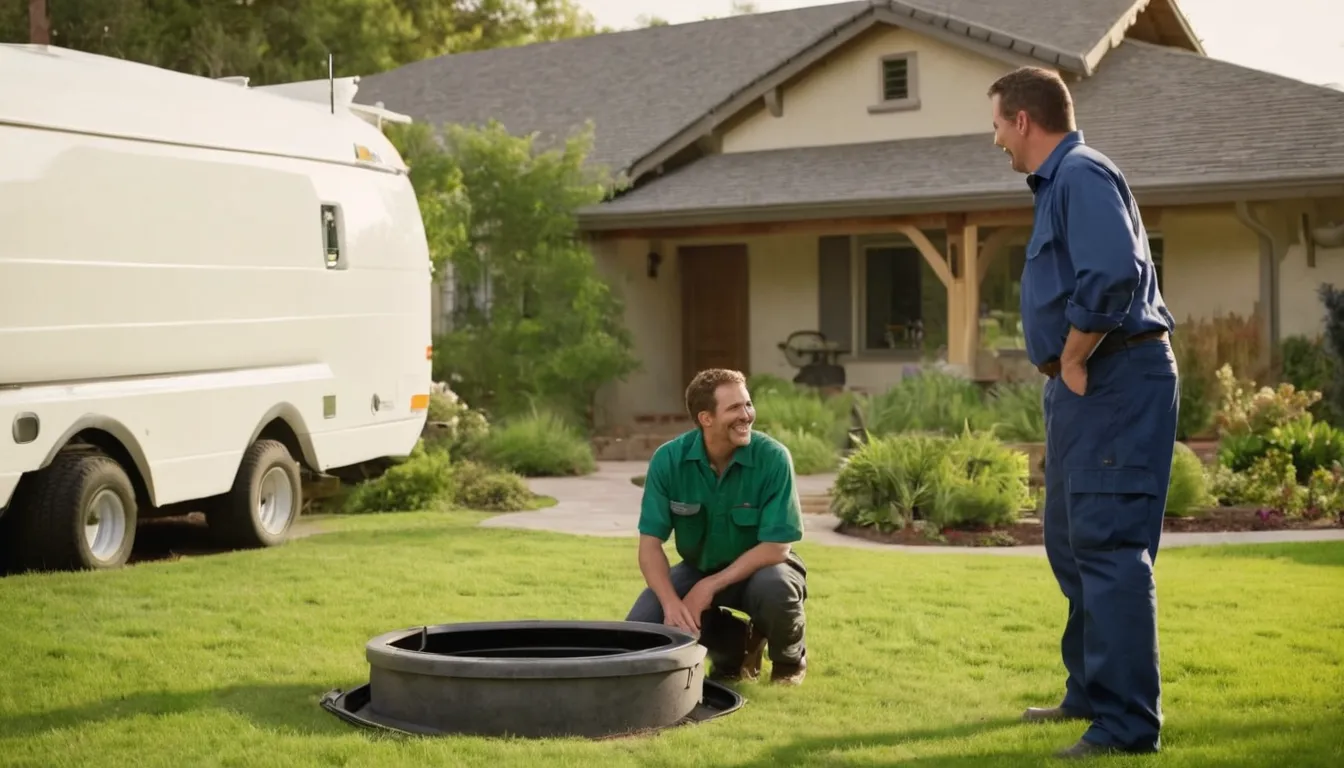 Friendly independent provider talking with a homeowner beside a septic tank access lid in a San Jose backyard
