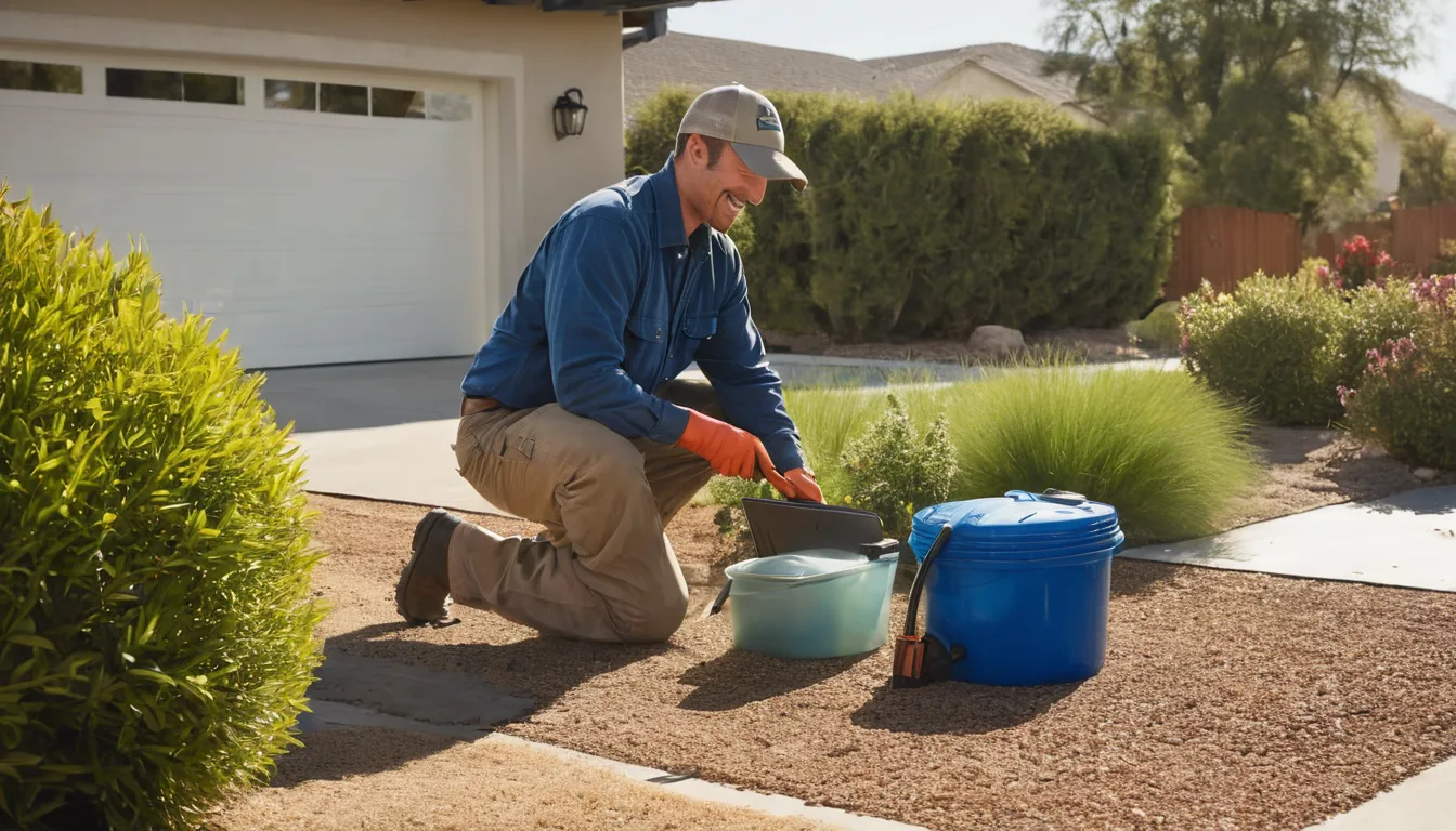 A local provider's pumping truck parked beside a stucco ranch home in the San Jose area while the provider checks the septic tank lid